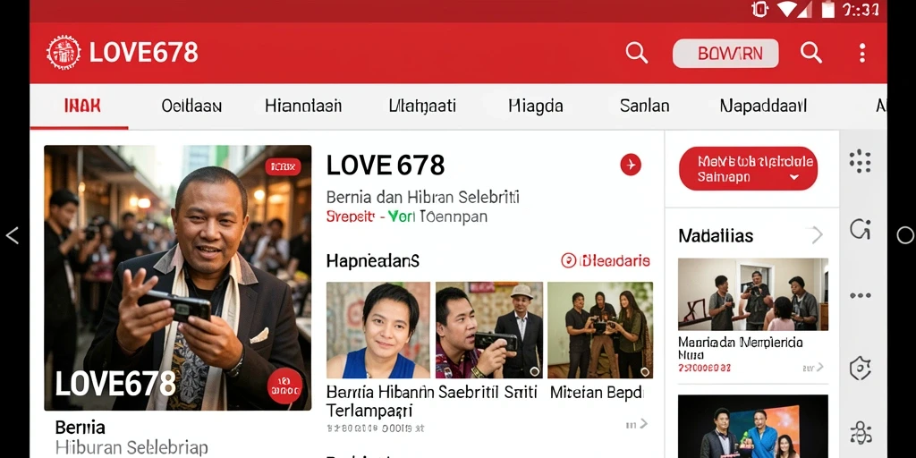 Antarmuka aplikasi LOVE678 yang menampilkan berita selebriti.